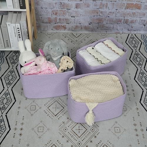 Cotton Rope storage Basket Bins Woven Basket for Organizing Shelves 15X10X9.3" Rectangle Decorative Baskets For storage Clothes Toys Books Towels Nursery basket organizer 3 pack purple or lavender thumbnail 5
