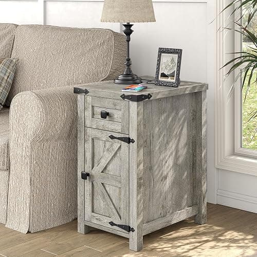 Furnihold Farmhouse Nightstand Set of 2, 13.8''W Rustic Wood End Table with Charging Station, Narrow Side Table with Storage Drawer for Living Room Bedroom, Oak Grey thumbnail 3