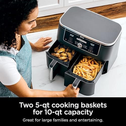 Ninja DZ401 Foodi 10 Quart 6-in-1 DualZone XL 2-Basket Air Fryer with 2 Independent Frying Baskets, Match Cook & Smart Finish to Roast, Broil, Dehydrate for Quick, Easy Family-Sized Meals, Grey thumbnail 4