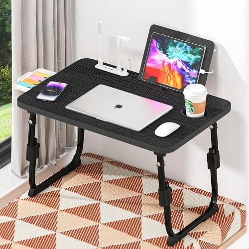 DECOSIS Laptop Desk for Bed Height Adjustable, Lap Bed Table with USB/Storage Drawer/Cup Holder/Tablet Stand/Book Shelf, Foldable Breakfast Tray Portable for Reading Writing, Sofa & Floor, Black thumbnail 9