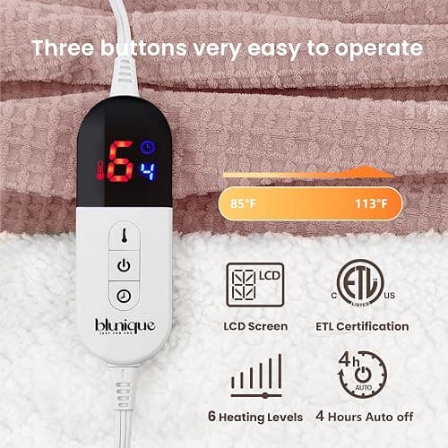 blunique Heated Blanket Electric Throw Waffle, 50x60 Inches Sherpa Fleece Fast Heating Blanket 6 Heating Levels & 4 Hours Auto Off ETL Certification, Pink Throw thumbnail 5