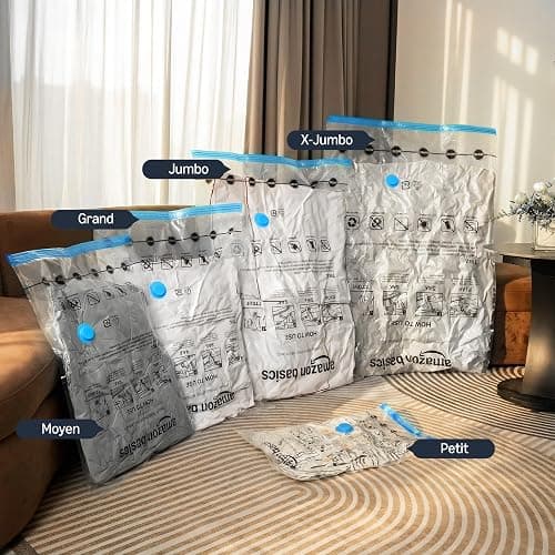 Amazon Basics fermeture éclair housses de rangement sous vide avec pompe manuelle, Lot de 6, Plusieurs (2 jumbo, 2 L, 2 M taille), Clair, Bleu thumbnail 7