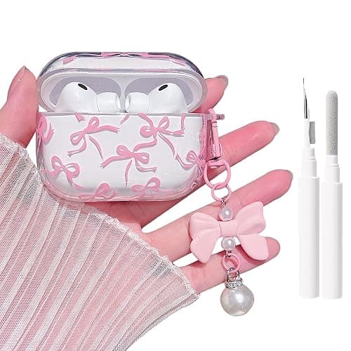 MINSCOSE Compatible with AirPods Pro 3rd Generation Case (2025) with Cleaner Kit,Cute Ribbon Bow Pretty Aesthetic Design with Bow Pearl Keychain,for Girls Women for AirPods Pro 3-Pink - Image 1
