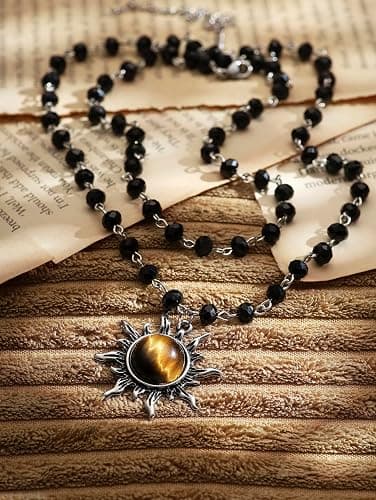 Sacina Gothic Emo Grunge Sun Choker, Black Bead Choker Necklace, Black Jewelry, Gothic Goth Necklace, Halloween Christmas Jewelry Gift for Women thumbnail 6