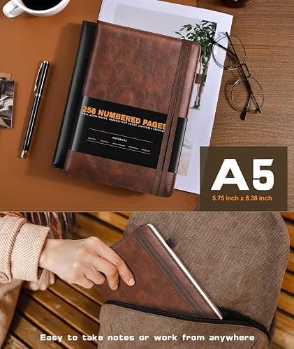 Lined Journal Notebook for Women Men, 256 Numbered Pages Hardcover Leather Journals for Writing, A5 Journaling Notebooks, College Ruled Journal for Business Work School Note Taking 5.75" x 8.38" Brown thumbnail 5