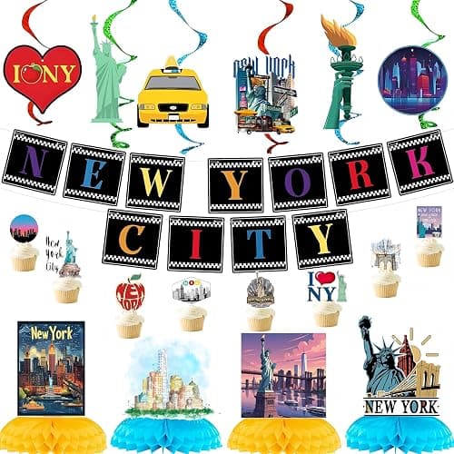 36PCS New York City Party Decorations with 2PCS American Nyc Banner 12PCS Cityscape Broadway Hanging Swirl Decorations 4PCS Honeycomb Centerpieces 24PCS New York Cupcake Toppers - Image 1