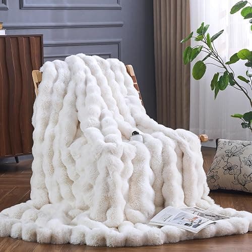 YBIKE Kunstpelz-Kuscheldecke mit Hase-Design Wurfdecke aus Blasenstoff 150x130cm, Luxuriöse Flauschige und Weiche Pelz-Sherpa Decke für Bett, Sofa, Couch (Beige) thumbnail 2