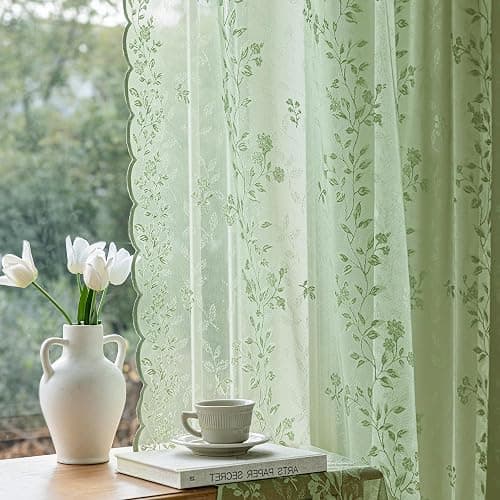 Sage Green Lace Curtains 84 Inches Long Victorian Floral Semi Sheer Curtains for Living Room Bedroom Decor Drapes Rod Pocket Light Filtering Vintage Window Curtains 2 Panels Set for Dining Room, 55x84 - Image 1