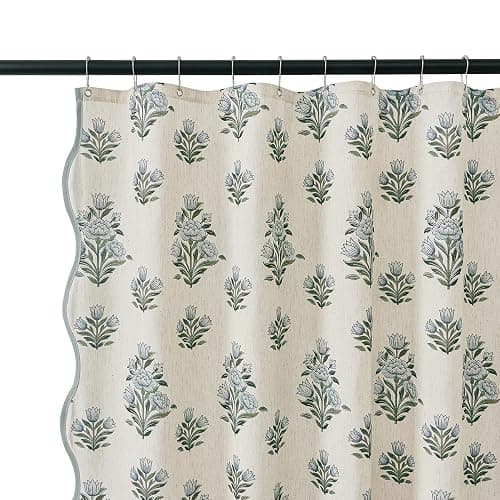 PROCIDA Green Scalloped Shower Curtain- Blue Block Print Floral, 72x72 Inch Linen Blend Bathroom Curtain with 12 Metal Hooks, Botanical Flower Bath Curtain for Country Bathrooms. thumbnail 4