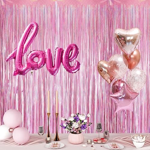 YAAVAAW 2pcs 3.2 x 8.3ft Glitter Pink Tinsel Curtain Foil Fringe Curtain Backdrop Party Streamers Curtain Photo Backdrop Decorations for Birthday School Graduation Hen Girls Party Decorations Pink thumbnail 5