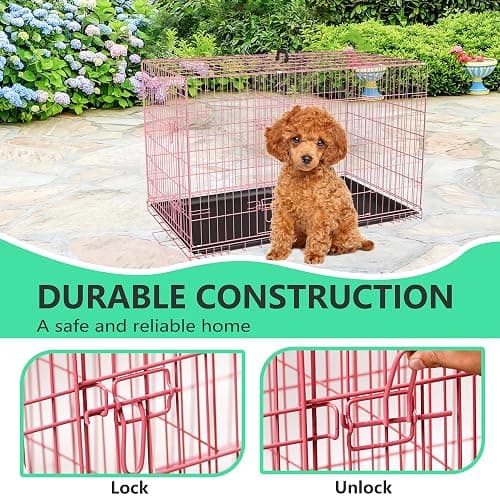 FDW 24 inch Dog Crate Dog Kennel Cage with Double Door Folding Metal Wire Dog Cage with Removable Tray&Divider Panel,Pet Crate for Small Dogs,Pink thumbnail 3