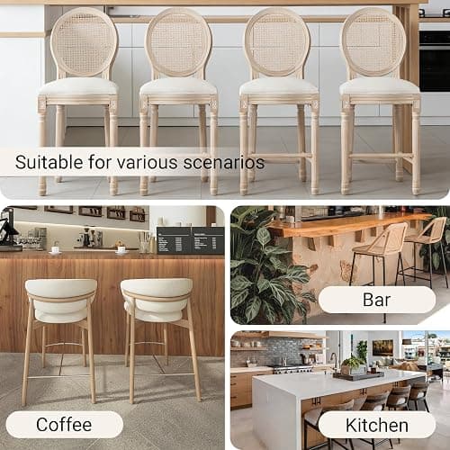 SetteeBit French Country Barstool Set of 4, Linen Farmhouse Counter Height Chair with Round Back and Solid Wood Legs, Oval Chairs for Bar, Kitchen, Restaurant thumbnail 7