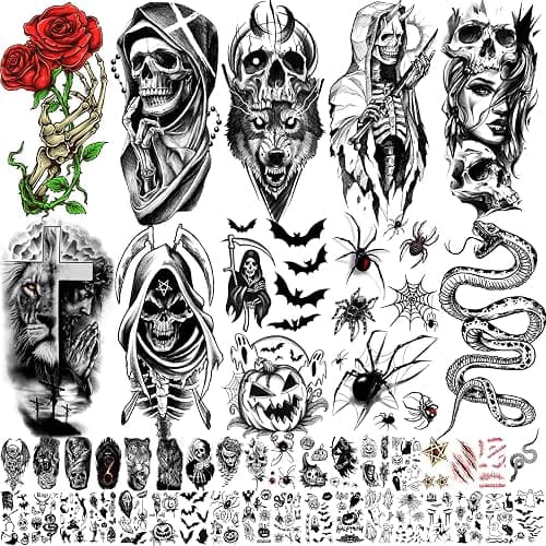 52 Sheets Black Halloween Temporary Tattoos for Kids Men Women, Include 10 Sheets Large Half Arm Sleeve Fake Tattoos, 200+ PCS Spider Snake Tiger Lion Skull Bat Vampire Scar Halloween Tattoos - Image 1