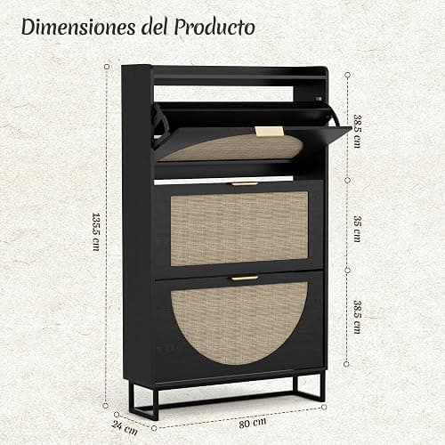 BonVache Rattan Shoe Storage Cabinet Black with Adjustable Shelves, Storage Unit for Hallway, Wooden Shoe Organiser with 3 Flip Drawers, Entryway and Living Room thumbnail 2