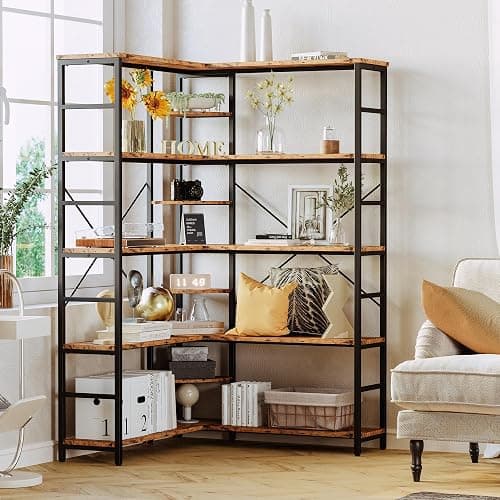IRONCK Industrial Bookcases and Bookshelves, Book Shelf, Vintage Brown | 5 Tiers Corner Bookcase with Curved Panels, L Shaped Bookshelf with Metal Frame for Open Storage for Living Room, Home Office thumbnail 2