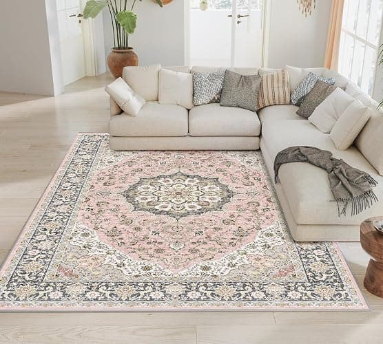 jxgzyy Washable Area Rug 5x7, Non Slip Living Room Rug, Large Low Pile Soft Carpet Pet Friendly Home Decor for Bedroom Dining, Pink - Image 1