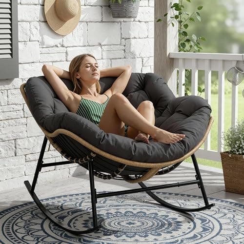 NICESOUL Rocking Papasan Chair Indoor Outdoor, Cushioned Patio Rattan Rocker, Oversized Large Egg Royal Rocking Chairs, 450lbs Sturdy Comfy Lounge Glider for Outside, Balcony, Porch, Xmas Gift, Grey thumbnail 9