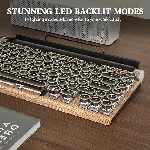 Retro Typewriter Keyboard Wireless, Mechanical Gaming Vintage Keyboard 83-Key Blue Switches Bluetooth 5.0 Punk Round Keycap, 14 Modes LED Backlight, Type-C, Compatible with PC/Laptop/Pad/Phone, Wood thumbnail 5