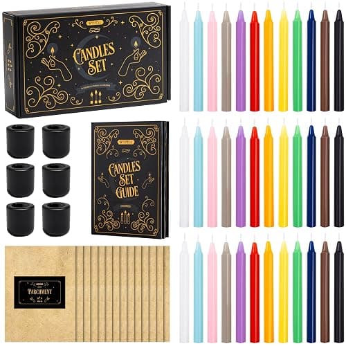 WYSPELL 36 Colored Spell Candles | 5" x 1/2" | Taper Candles Kit for Witchcraft & Decor | 6 Chime Candle Holders | Wiccan Supplies & Candlesticks Set - Image 1