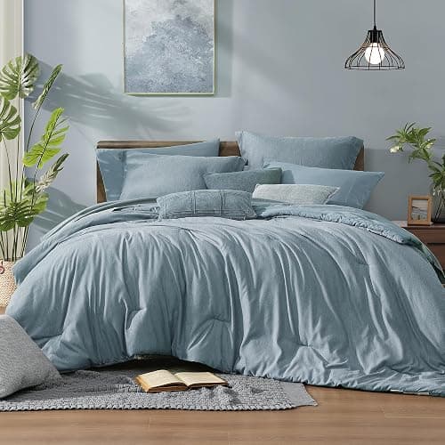 Monbix Full Size Comforter Set-7 Pieces Dusty Blue Cationic Dyeing Bed in a Bag Full Bedding Sets with Comforter, Sheets, Pillowcases & Shams, All Season Reversible Bedding Comforters - Image 1