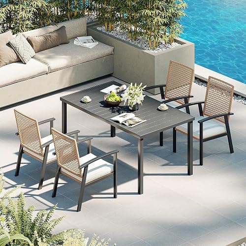 Aoxun 5-Piece Wicker Patio Table and Chairs Set for 4 with Umbrella Hole | Outdoor Dining Set with 6 Chairs and 1 Rectangular Metal Table, Patio Dining Sets with Soft Cushion for Backyard, Yellow - Image 1