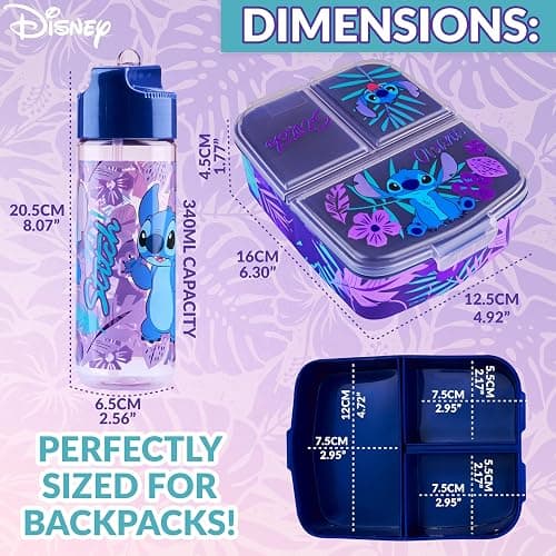 Disney Stitch Kids Lunch Box with Compartments and Water Bottle for School (Blue/Purple) thumbnail 3