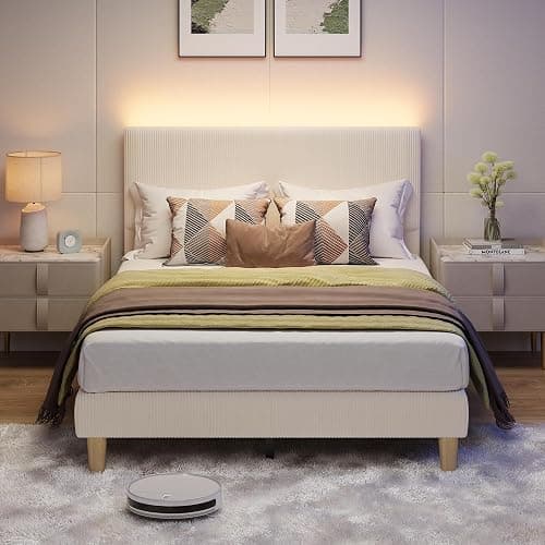 Bestier Full Bed Frame with Adjustable Headboard, LED Lighting, Vertical Channel Tufted Corduroy Upholstered, Solid Wooden Slats Support, No Box Spring Needed, Never Squeaks, Easy Assembly, Beige thumbnail 8