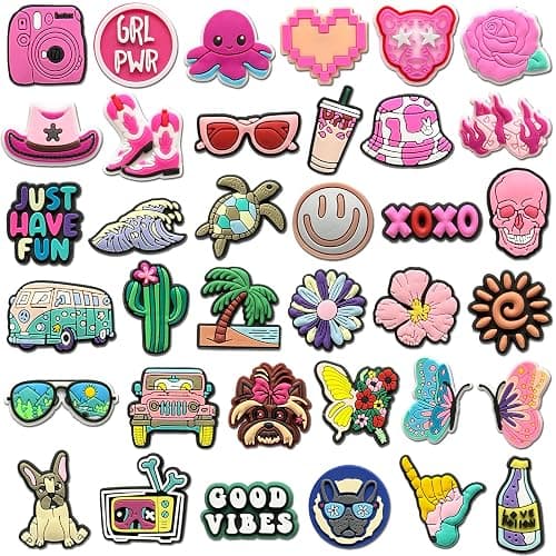 36PCS Pink Cute Preppy Hippie Y2K Croc Charms for Girls Women Adults | 2000s Aesthetic Punk Street, Retro Sunglasses Cactus, Alternative Fashion Clog Decorations for Birthday Gift & Party Favor - Image 1