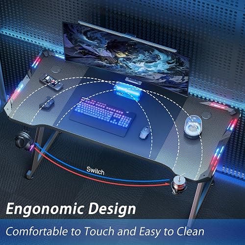 HLDIRECT 47 Inch Gaming Desk with LED Lights, Ergonomic Computer Gaming Table with Carbon Fibre Surface, Sturdy PC Workstation Desk for Home Office with Headphone Hook, Cup Holder, Black thumbnail 4