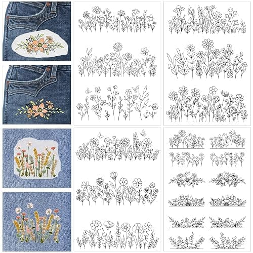 Water Soluble Stabilizer Embroidery Patterns - CRASHOT 4 Sheets Stick and Stitch Embroider Paper Wash Away, Flower Floral Daisy Butterfly Designs, Suprise for Hand Sewing Lover - Image 1