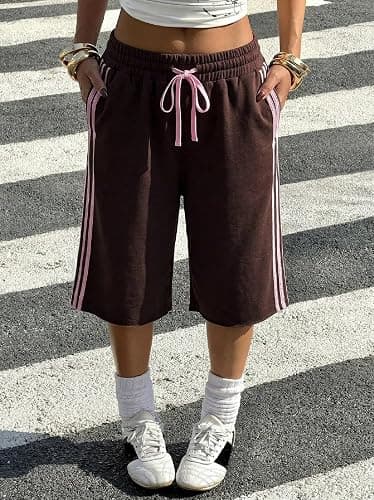Faretumiya Women Baggy Capri Sweatpants Side Stripe Bermuda Shorts | Y2k Camouflage Knee Length Shorts Striped Drawstring Waist Wide Leg Long Sweat Shorts Athletic Lounge Streetwear thumbnail 5