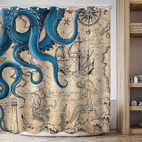 Fungarth Vintage Nautical Octopus Shower Curtain Navy Blue Mermaid Funny Ocean Kraken Shower Curtains for Bathroom Anchor Coastal Map Waterproof Fabric Bath Curtain Decor with Hooks (Retro, 72” x 72”) thumbnail 4
