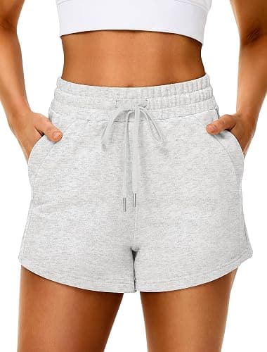 IWD Womens Sweat Shorts Casual Summer Comfy Cotton Shorts Drawstring High Waisted Lounge Shorts with Pockets - White Heather - Small thumbnail 2