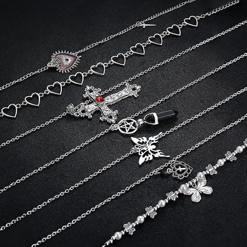 Subiceto 33Pcs Grunge Vintage Punk Necklace Jewelry Set Gothic Earrings Fairy Butterfly Boho Crystal Y2k Cross Pendent Butterfly Heart Choker Goth Stackable Knuckle Rings Adjustable Y2k Accessories for Women Men thumbnail 4