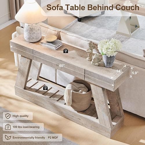 60" Farmhouse Entryway Table, Console Table with Drawer, Narrow Long Wood Sofa Table for Living Room, Wooden Hallway Foyer Table with Heavy Duty Base, Entry Table for Entrance(Light Rustic Oak) thumbnail 5