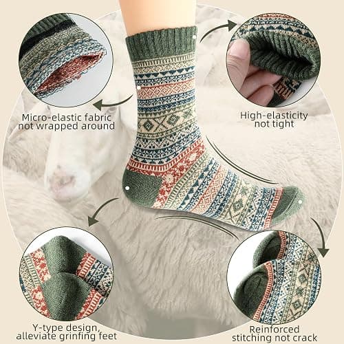 LWWTBS Womens Wool Socks 5 Pairs Winter Warm Thick Knit Wool Soft Vintage Casual Crew Socks Gifts for Women Men thumbnail 4