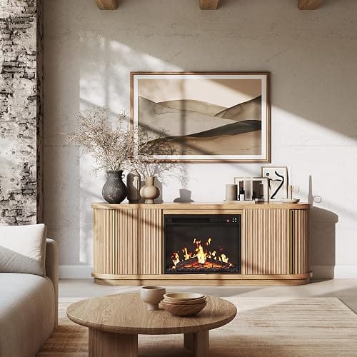 BELLEZE 67" Turin TV Stand with 23" Electric Fireplace Heater - Camel | Fluted Sliding Tambour Doors,For TV up to 75",Realistic Sound of Burning Matches thumbnail 6