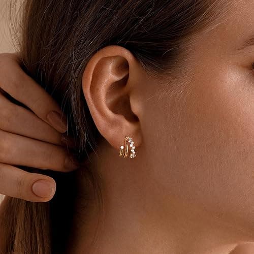 BLUEELM Gold Stud Earrings for Women, Dainty Triple Huggie Earrings 14K Gold Plated Small Hoop Earrings for Women Trendy Cute Hypoallergenic Stud Earrings Unique Double Hoops Waterproof Gold Jewelry thumbnail 6