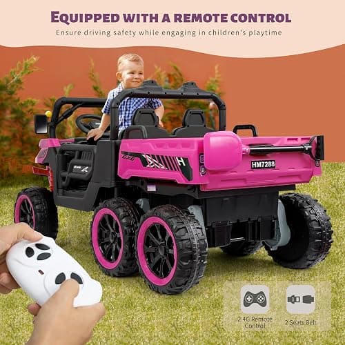 TCARAIWEN 24V Ride On 2 Seater Dump Truck with Remote Control, 6x6 Electric UTV Car with Electric Dump Bed, 2 Speed 4WD Power Ride Cars 6x6 Wheels Music, Storage Trunk, Shovel for Boys Girls, Pink thumbnail 6
