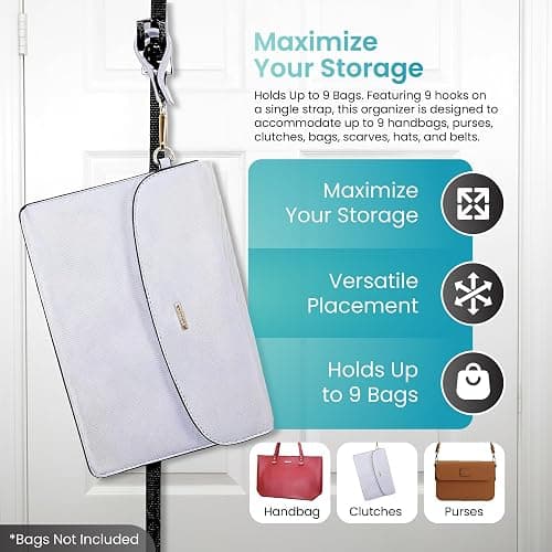 Perfect Curve Handbag and Purse Organizer | Hold up to 18 Bags | Over The Door Organizer for Purses and Handbags | Adjustable Clips | 2 Straps | Black thumbnail 2