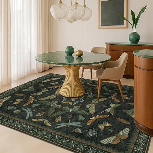 Dark Green Area Rugs 5x7 for Living Room - Fairy Fantasy Moss Rugs for Dining Room Table, Bedroom, Whimsical Insect Boho Moth Décor, Washable Non Skid Soft Carpet thumbnail 8