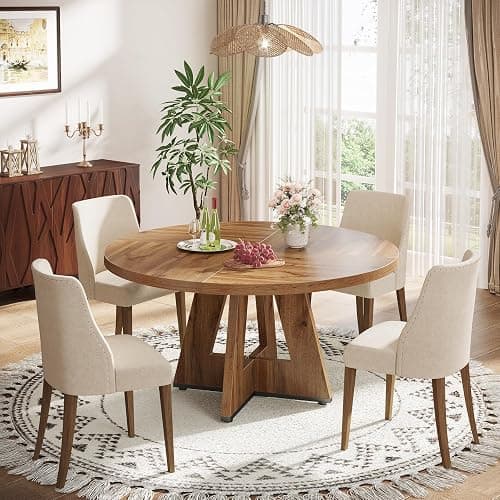 Tribesigns Farmhouse Dining Table, 47 Inch Round Dinner Table for 4, Rustic Round Dining Room Table for Home Dining Room Living Room (Wood) thumbnail 4
