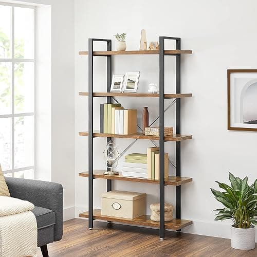 VASAGLE Bookshelf, 5-Tier Industrial Stable Bookcase, Storage Rack, Standing Shelf, Easy Assembly, Living Room, Bedroom, Office, Rustic Brown and Black LLS55BX thumbnail 2