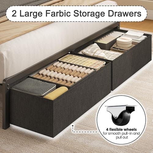 Fluest Queen Bed Frame with Storage Drawers, Upholstered Headboard with Charging Station, LED Lights, Fabric Drawers with Wheels, Under Bed Storage, No Box Spring Needed, Easy Assembly, Grey thumbnail 4