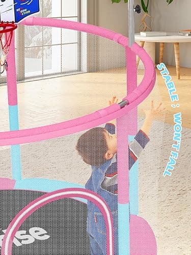 BLUERISE 55IN 6FT Toddler Trampoline for Kids Indoor Outdoor Play for Kids Trampoline Basketball Hoop Attachment with Enclosure Net Easy to Assemble thumbnail 3