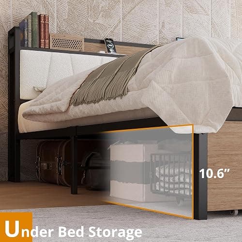 LIKIMIO King Size Bed Frame, Storage Headboard with Charging Station, Platform Bed with Drawers, No Box Spring Needed, Easy Assembly, Wood and Cream thumbnail 5