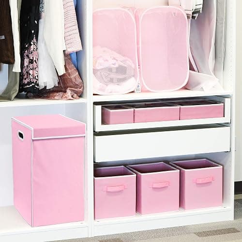 Simple Houseware Foldable Laundry Hamper Basket with Lid, Pink | with Handles for Bedroom, Laundry Room, Bathroom thumbnail 7
