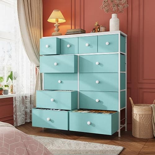 Romorgniz Dresser for Bedroom Tall Dresser with 12 Drawers Fabric Dressers & Chests of Drawers, Bedroom Dresser with Metal Frame, Wood Top, Entryway Living Room, Turquoise 11.81"D x 38.97"W x 40.15"H thumbnail 6