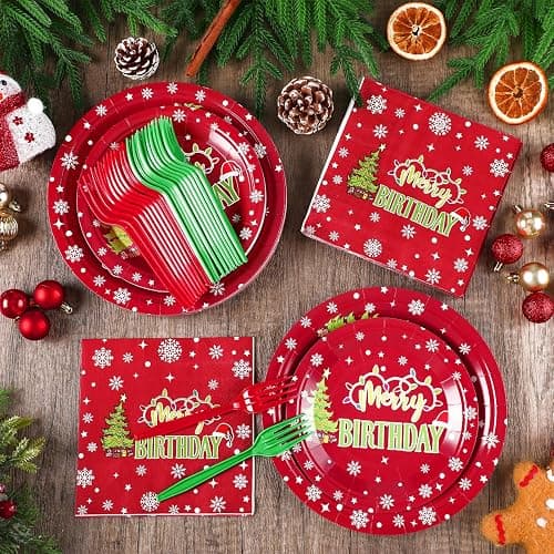 Havawish 96 Pcs Merry Birthday Tableware, Xmas Birthday Plates and Napkins | Red Christmas Decoration with Disposable Plates, Napkins, Forks, Merry Birthday Decoration, Holiday, New Year Party Supplies thumbnail 5