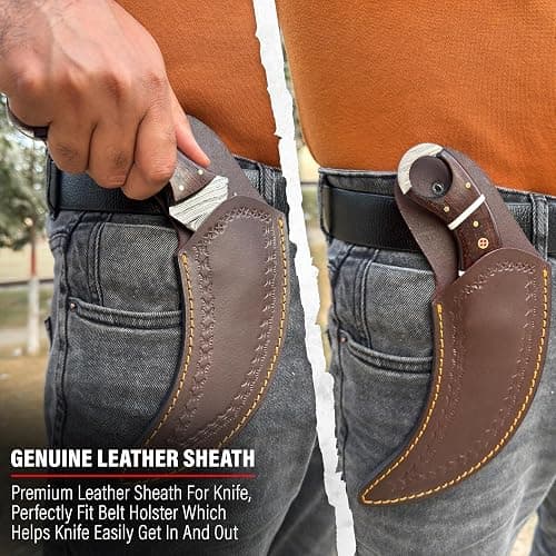 RC Damascus Hunting Knife with Leather Sheath | 9'’ EDC Knife for Men - WOODEN Handle | Full Tang Fixed Blade handmade Knives - it's a unique product for unique buyers. (Brown) thumbnail 6